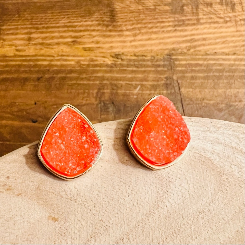 Orange and Gold-tone Geode Earrings